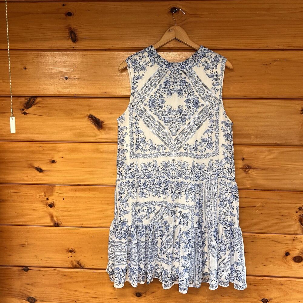 Calvin Klein Blue White Paisley Bandana Tiered Tie Neck Mini Dress 14 Hamptons